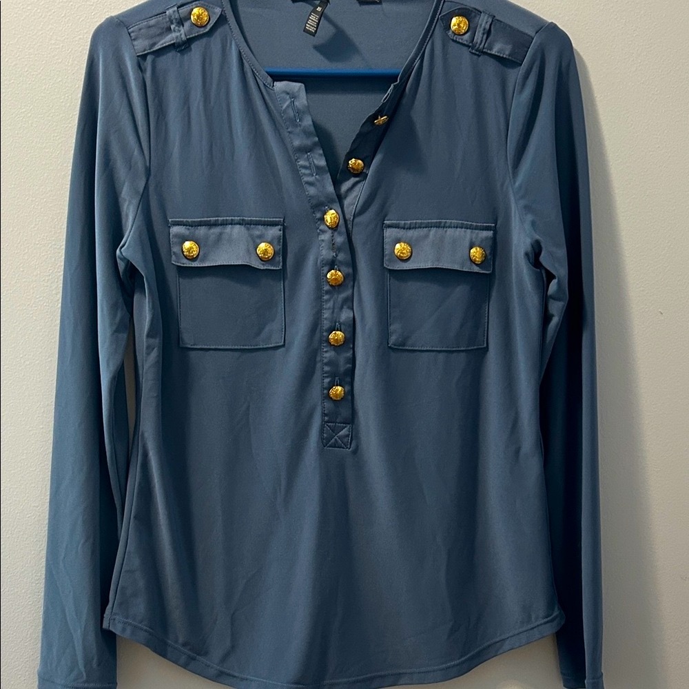 White House Black Market Navy Blouse with Gold Accents